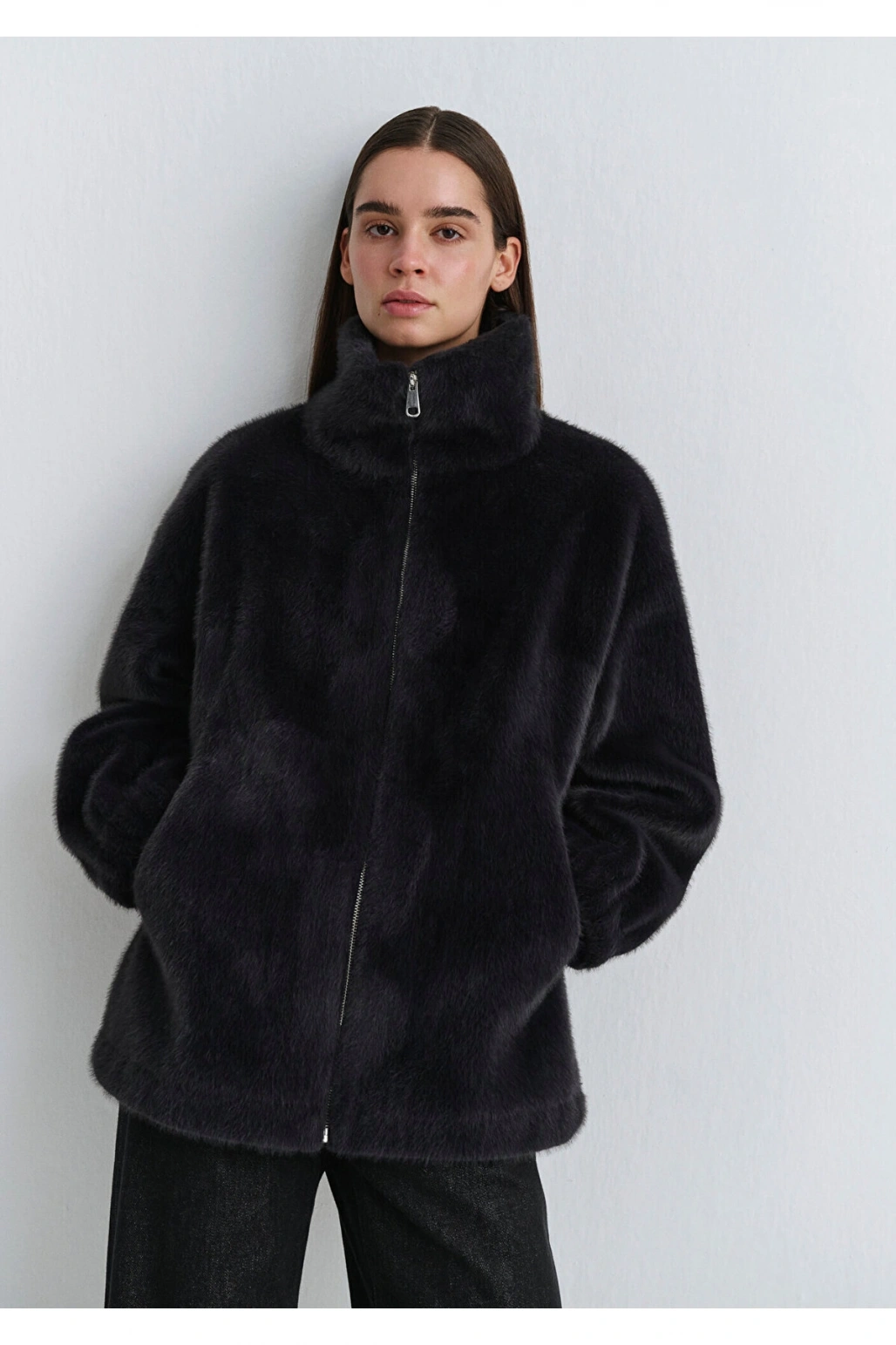 Mavi Antrasit Peluş Ceket Oversize / Geniş Kesim