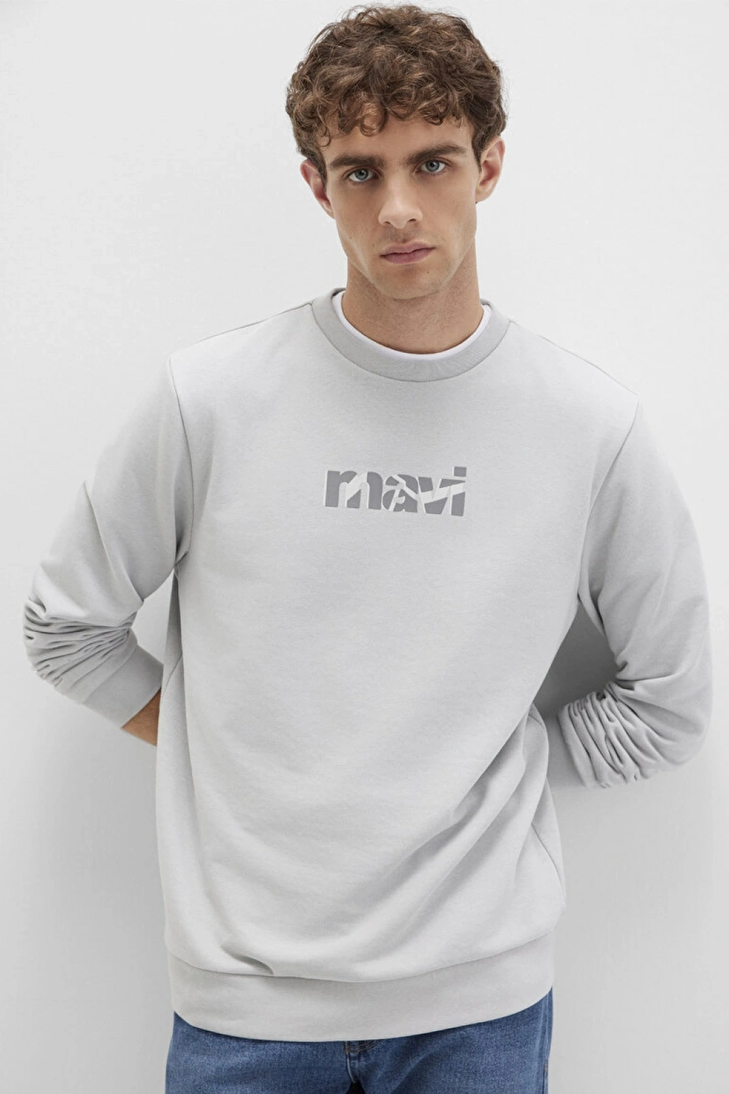 Mavi Baskılı Gri Sweatshirt