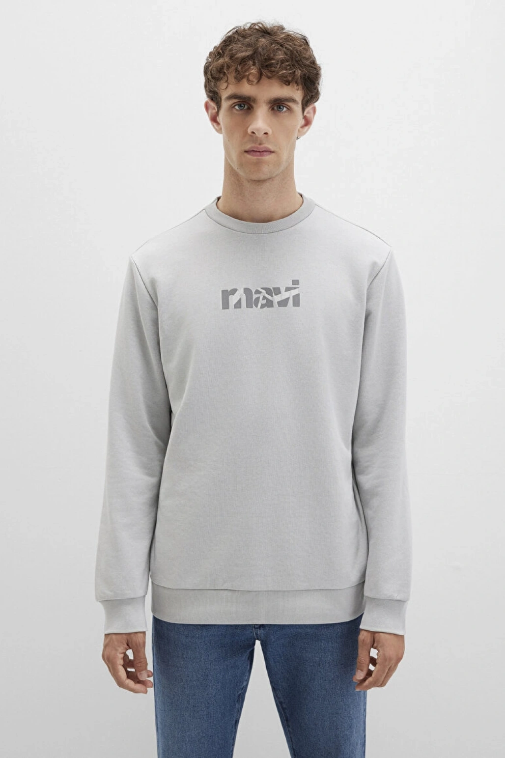 Mavi Baskılı Gri Sweatshirt