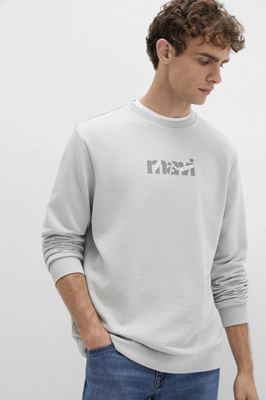 Mavi Baskılı Gri Sweatshirt