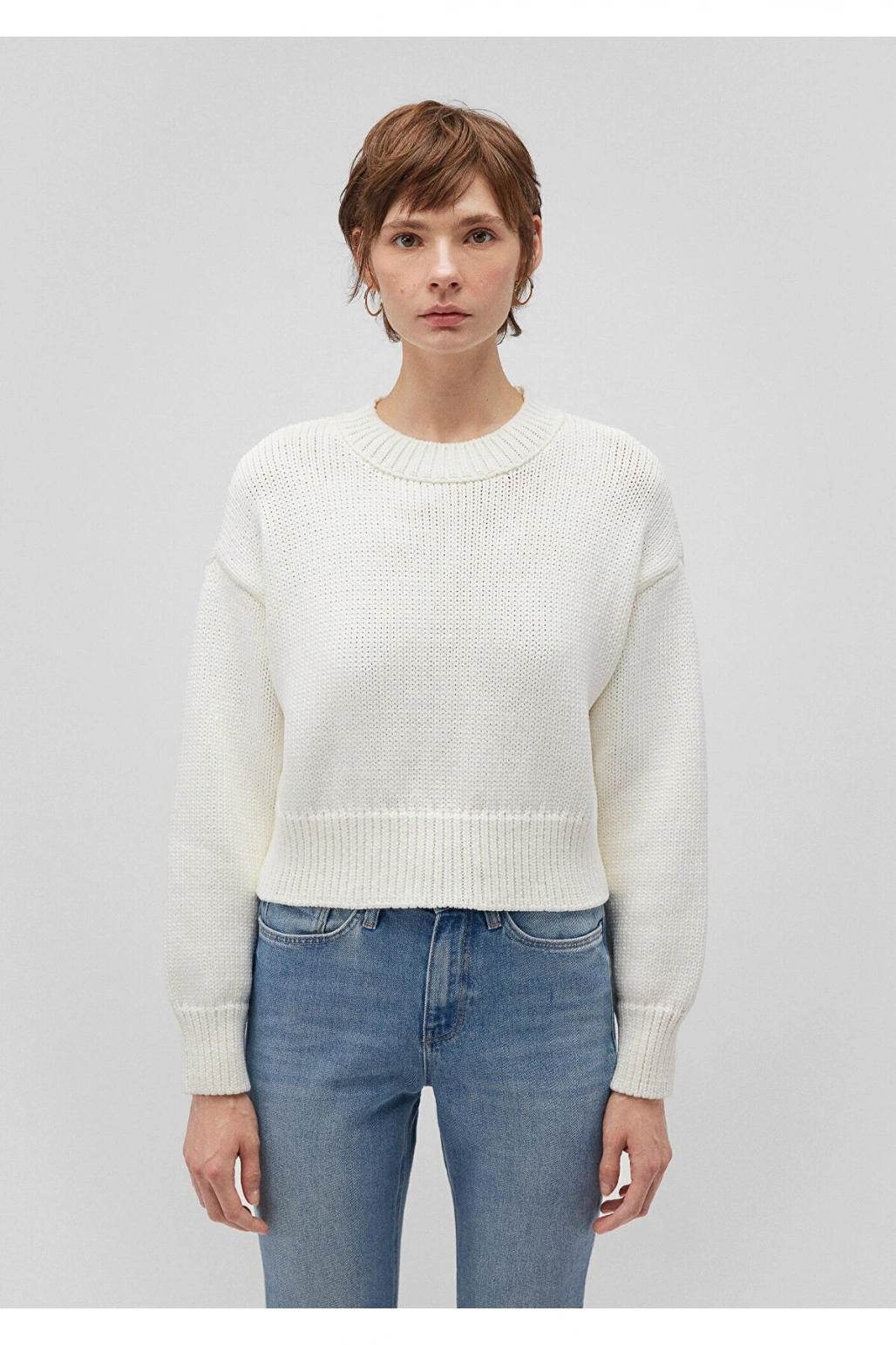 Mavi Bisiklet Yaka Beyaz Crop Kazak Regular Fit / Normal Kesim