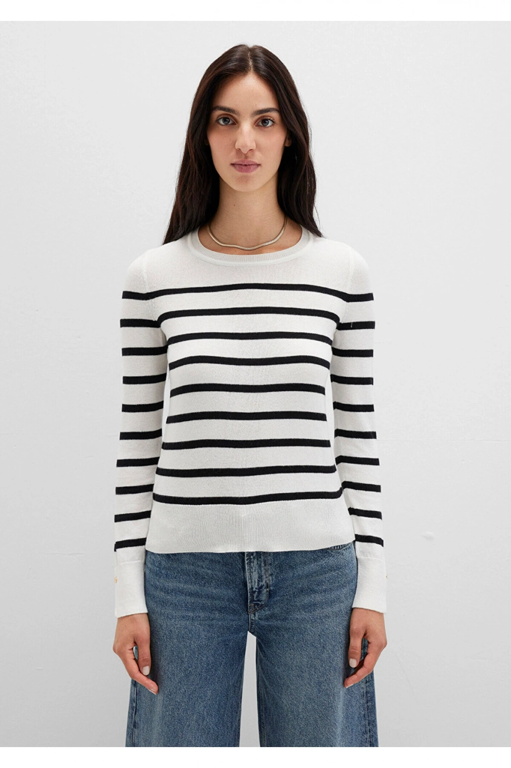 Mavi Bisiklet Yaka Çizgili Siyah Kazak Slim Fit / Dar Kesim