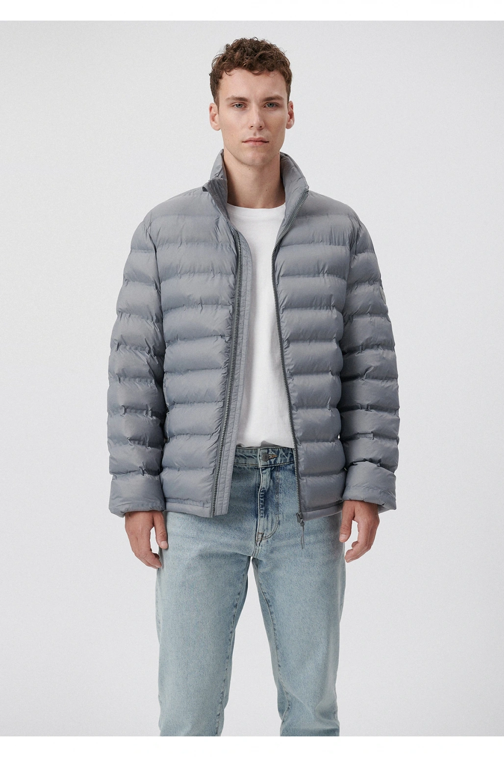 Mavi Dik Yaka Gri Şişme Mont