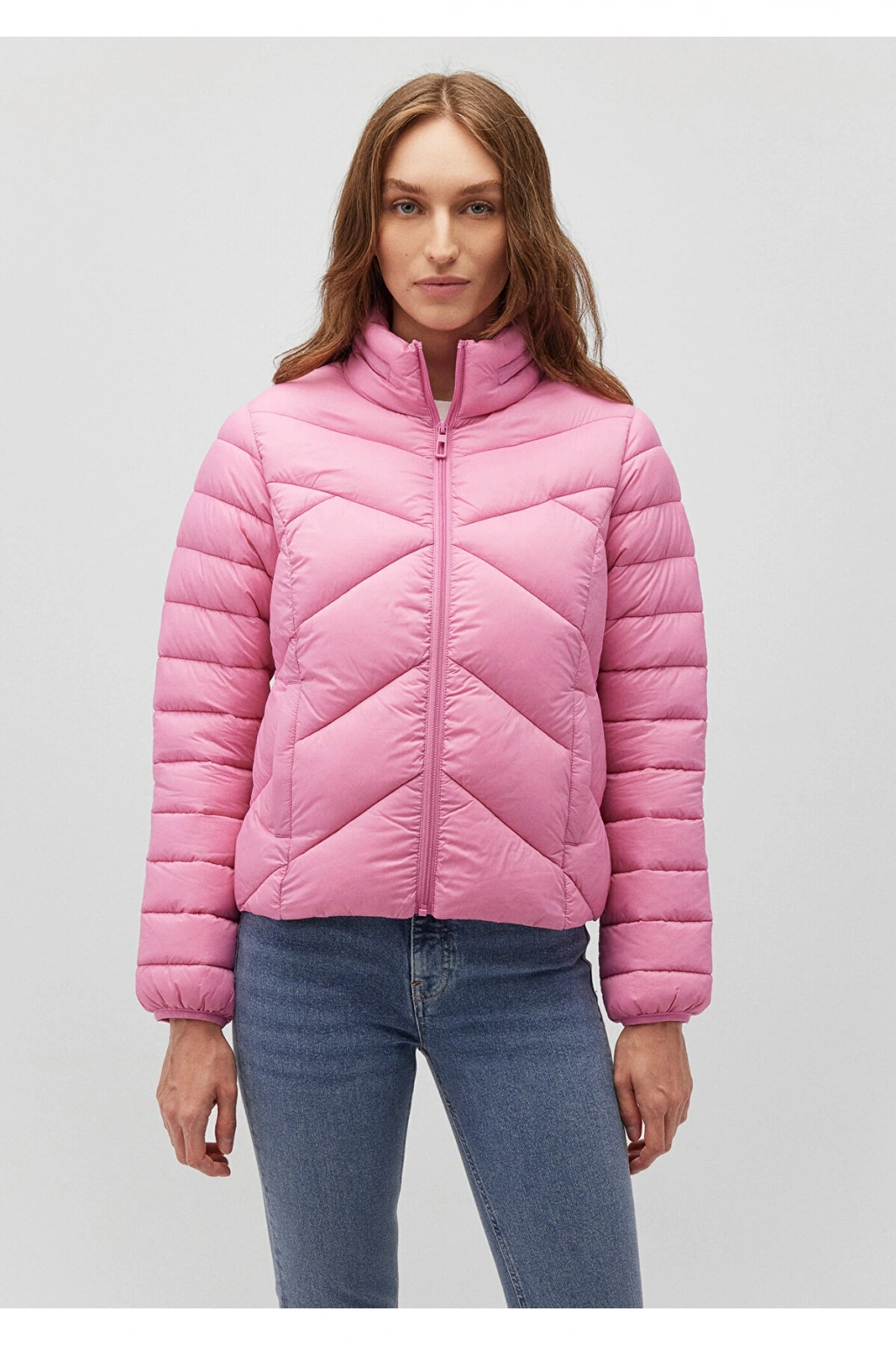 Mavi Dik Yaka Pembe Şişme Mont