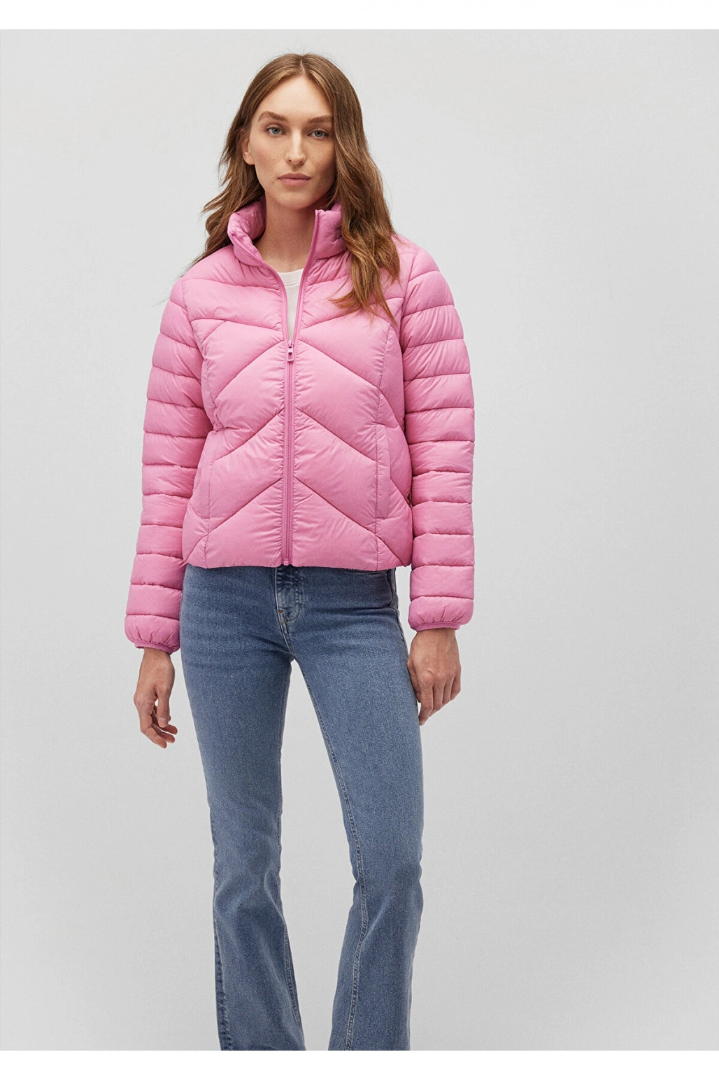 Mavi Dik Yaka Pembe Şişme Mont