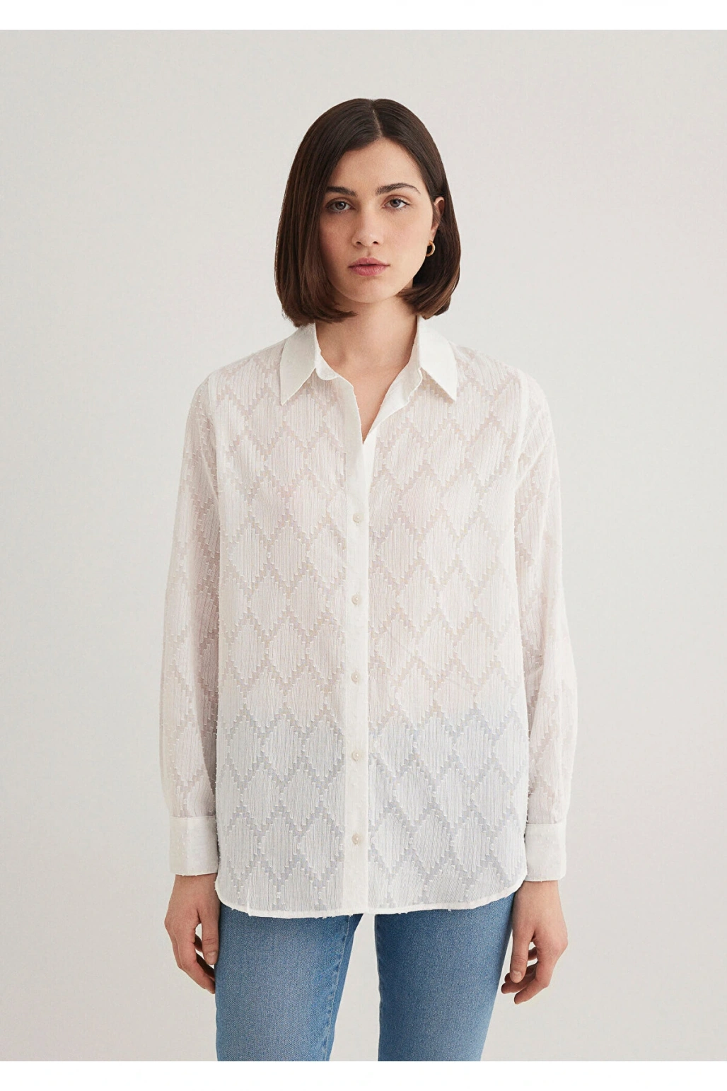 Mavi Dokulu Ekru Gömlek Loose Fit / Bol Rahat Kesim