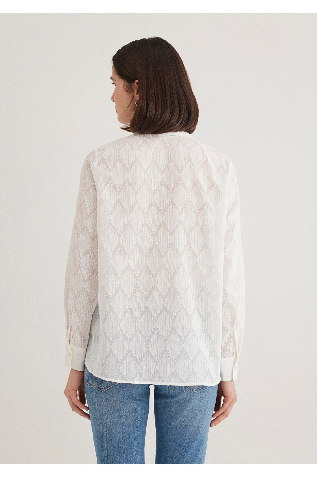 Mavi Dokulu Ekru Gömlek Loose Fit / Bol Rahat Kesim