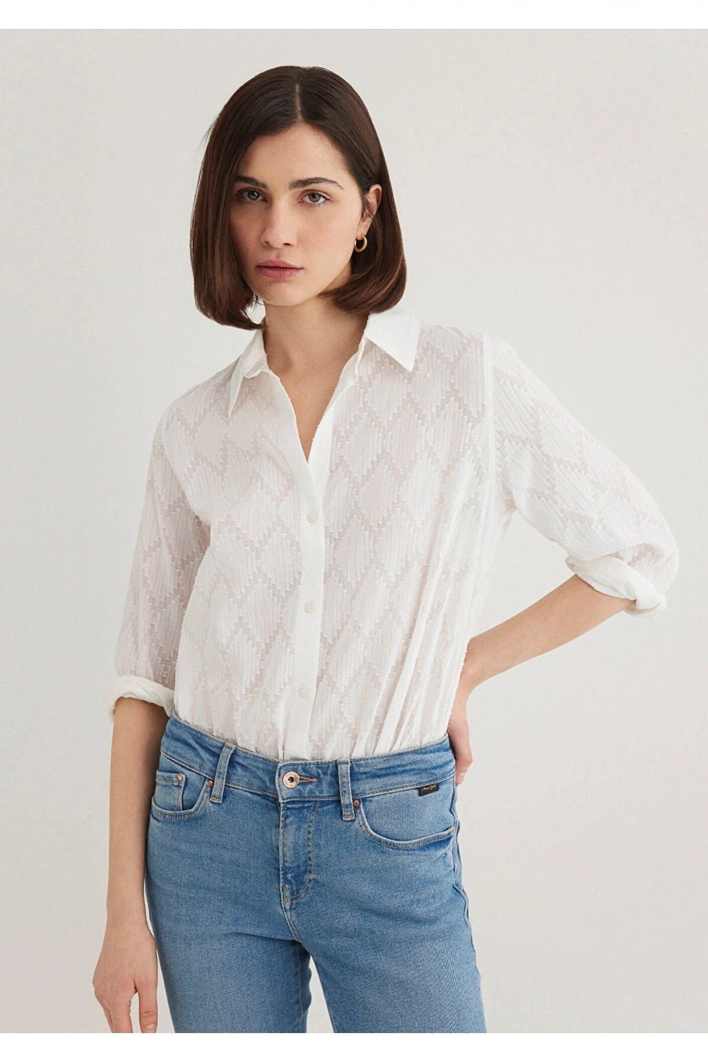 Mavi Dokulu Ekru Gömlek Loose Fit / Bol Rahat Kesim