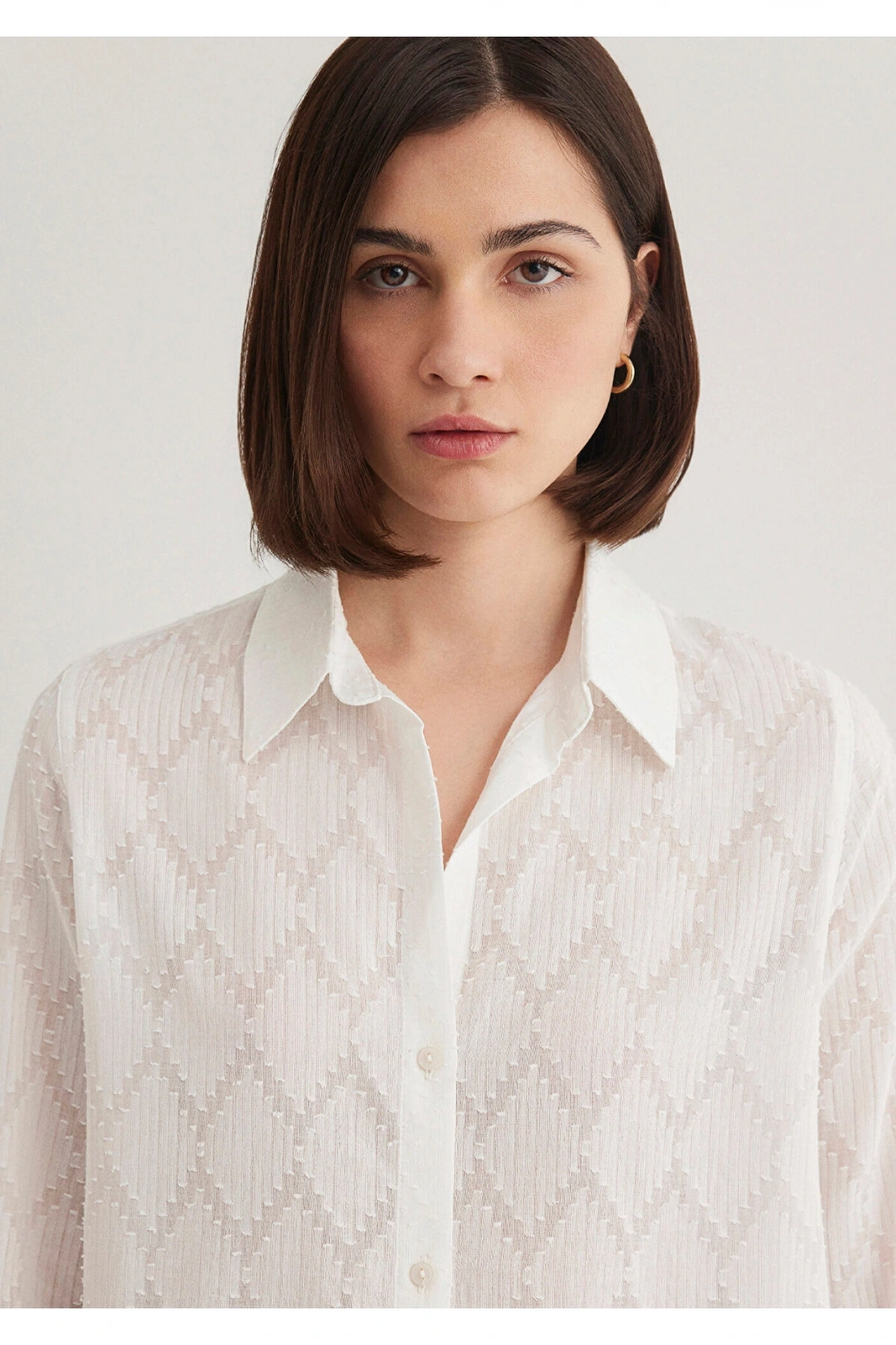 Mavi Dokulu Ekru Gömlek Loose Fit / Bol Rahat Kesim