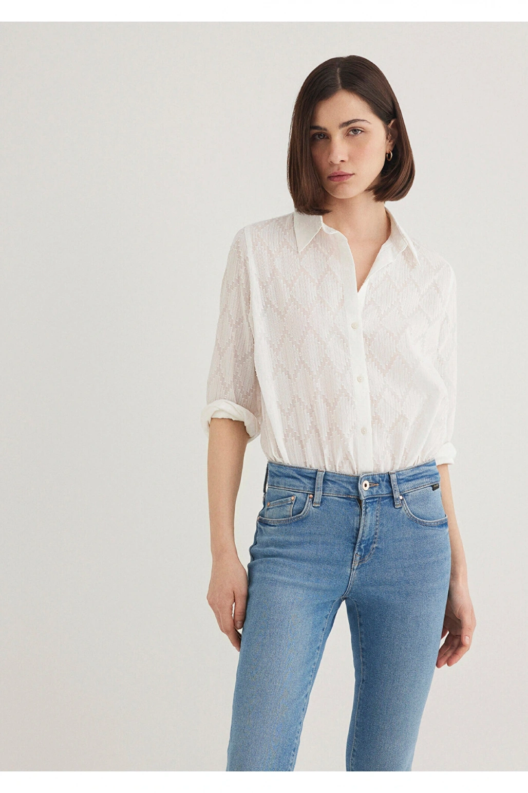 Mavi Dokulu Ekru Gömlek Loose Fit / Bol Rahat Kesim