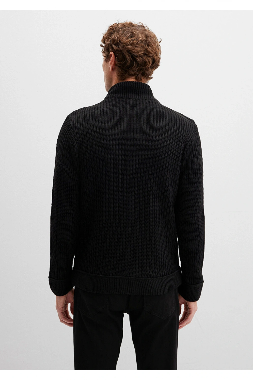 Mavi Fermuarlı Siyah Triko Hırka Slim Fit / Dar Kesim