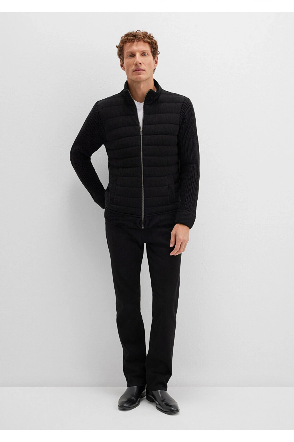 Mavi Fermuarlı Siyah Triko Hırka Slim Fit / Dar Kesim