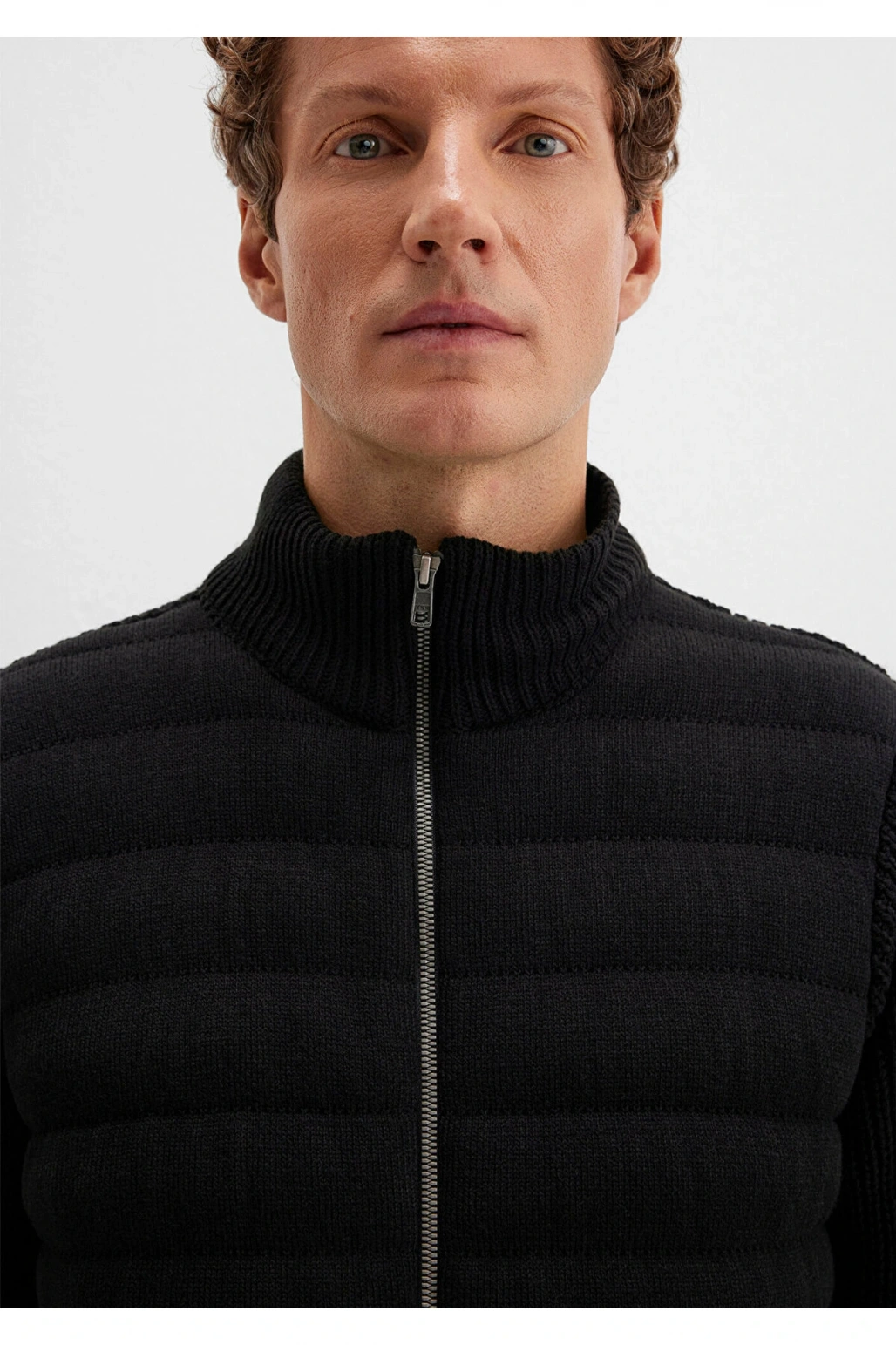 Mavi Fermuarlı Siyah Triko Hırka Slim Fit / Dar Kesim