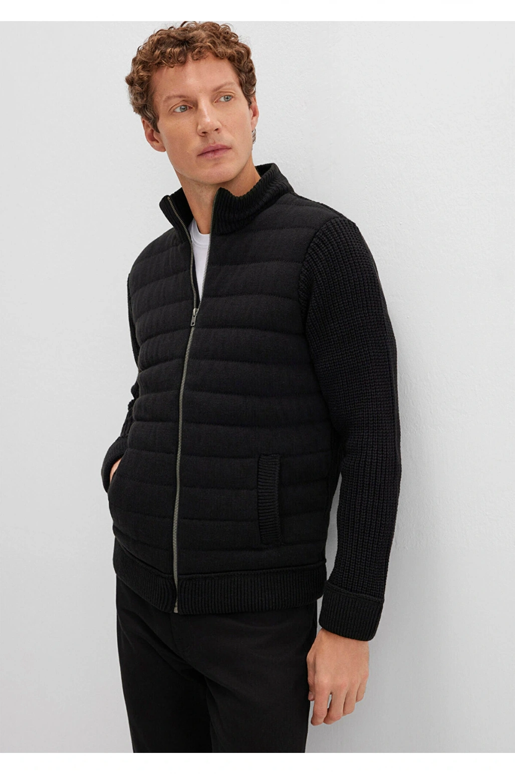 Mavi Fermuarlı Siyah Triko Hırka Slim Fit / Dar Kesim