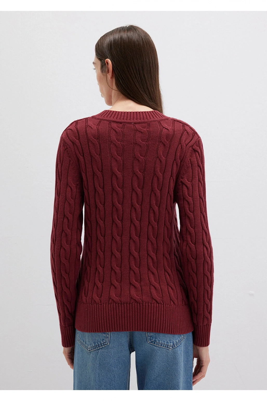 Mavi İpek Karışımlı V Yaka Bordo Kazak Slim Fit / Dar Kesim