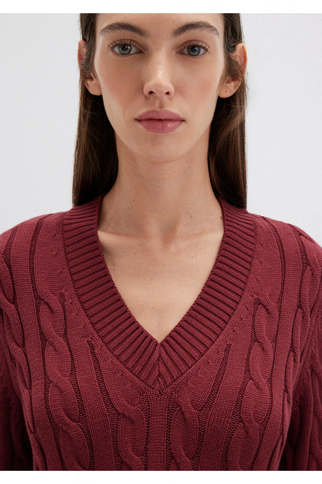 Mavi İpek Karışımlı V Yaka Bordo Kazak Slim Fit / Dar Kesim