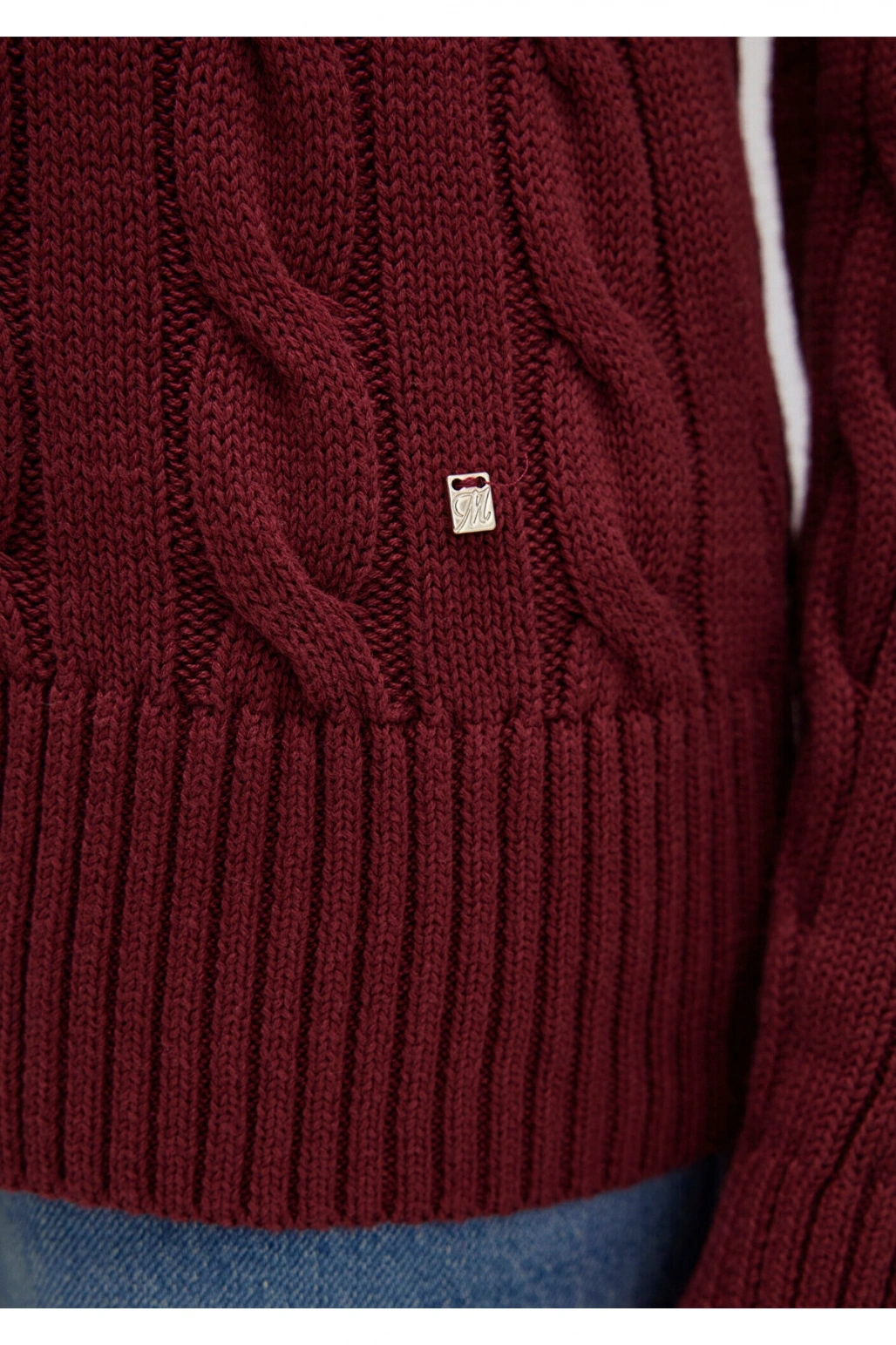 Mavi İpek Karışımlı V Yaka Bordo Kazak Slim Fit / Dar Kesim