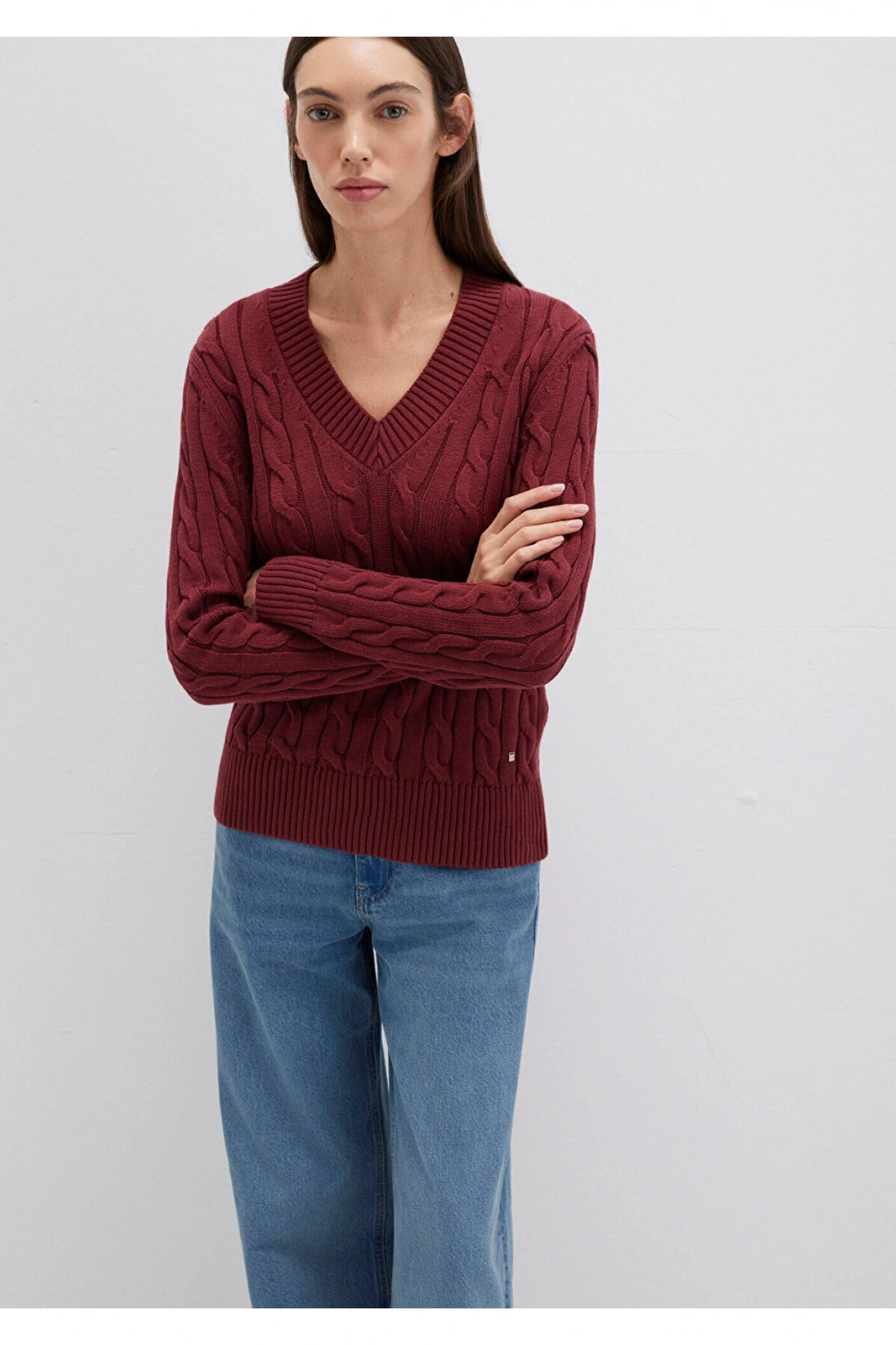 Mavi İpek Karışımlı V Yaka Bordo Kazak Slim Fit / Dar Kesim