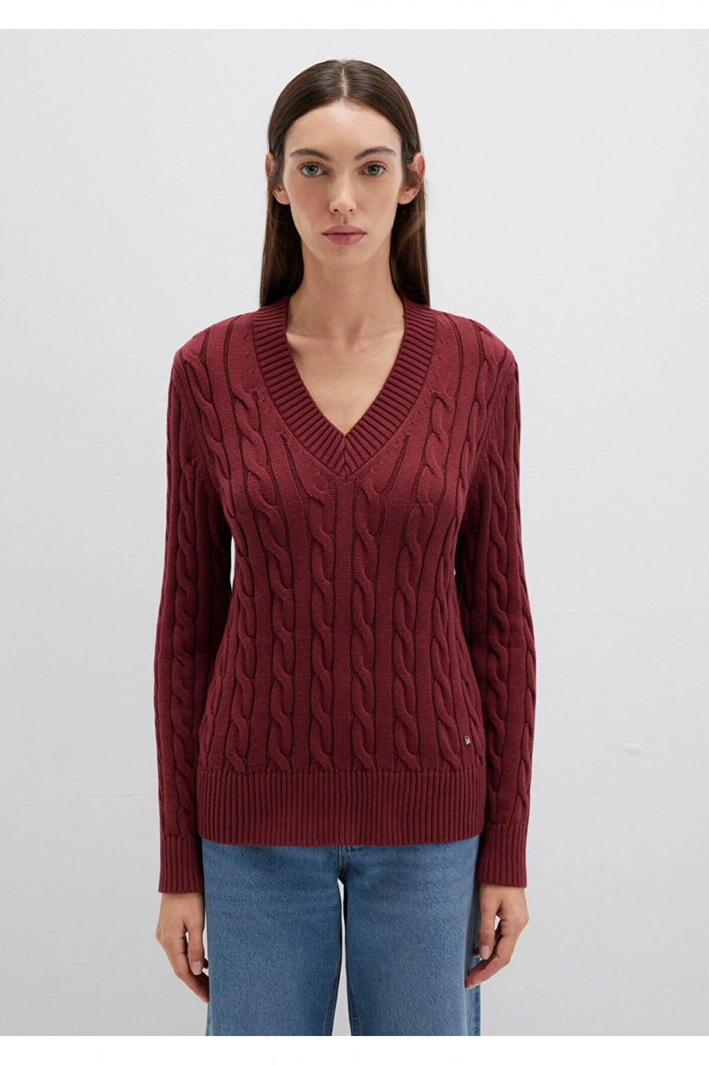 Mavi İpek Karışımlı V Yaka Bordo Kazak Slim Fit / Dar Kesim