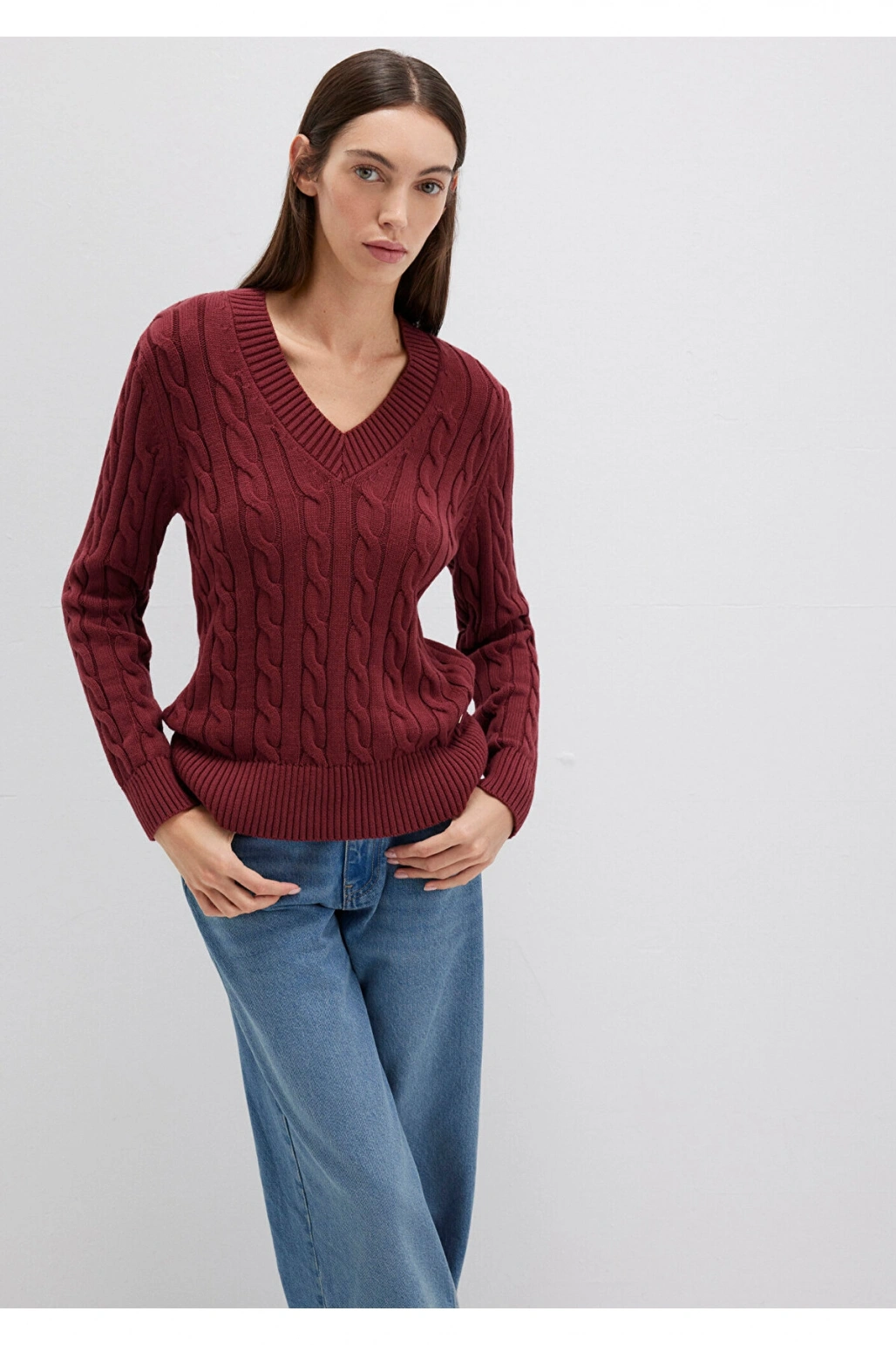 Mavi İpek Karışımlı V Yaka Bordo Kazak Slim Fit / Dar Kesim