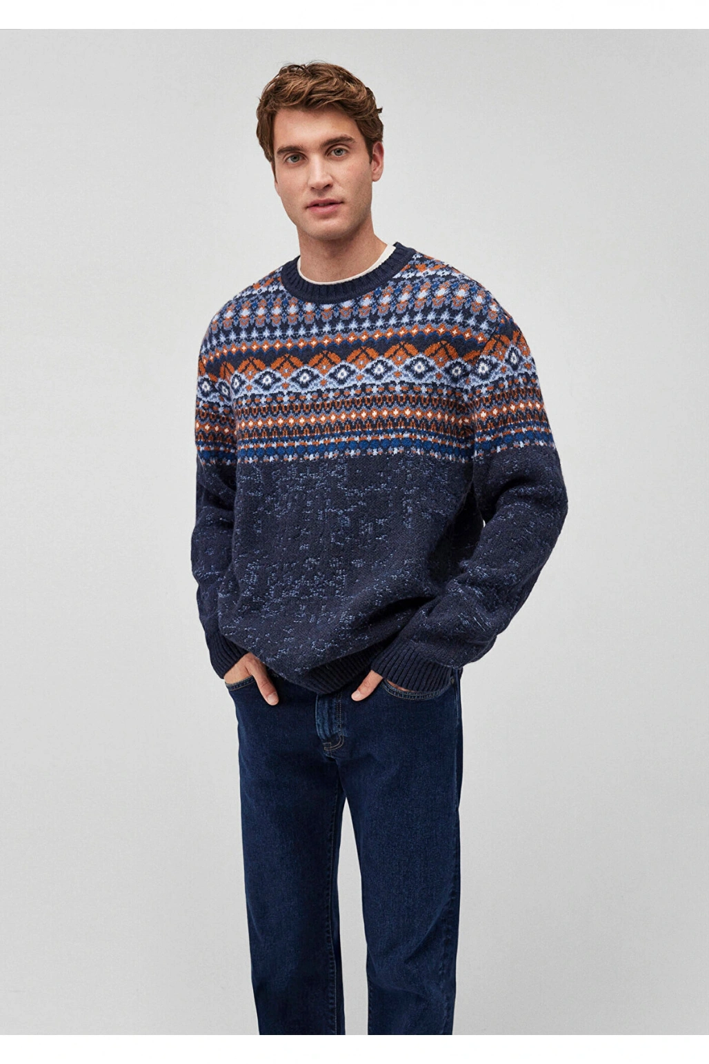 Mavi Jakarlı Lacivert Kazak Regular Fit / Normal Kesim