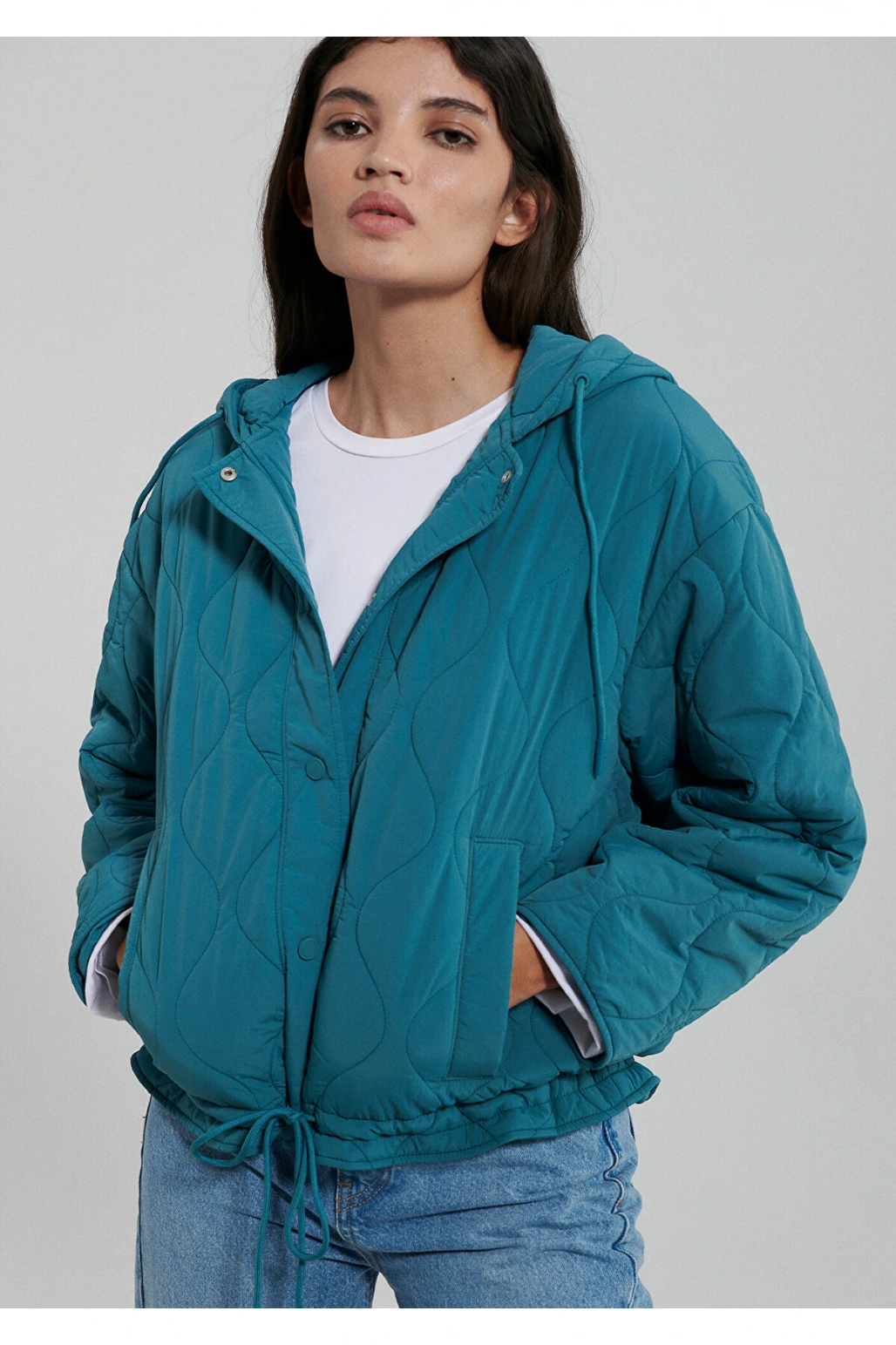 Mavi Kapitone Beli Bağcıklı Mavi Ceket Oversize / Geniş Kesim