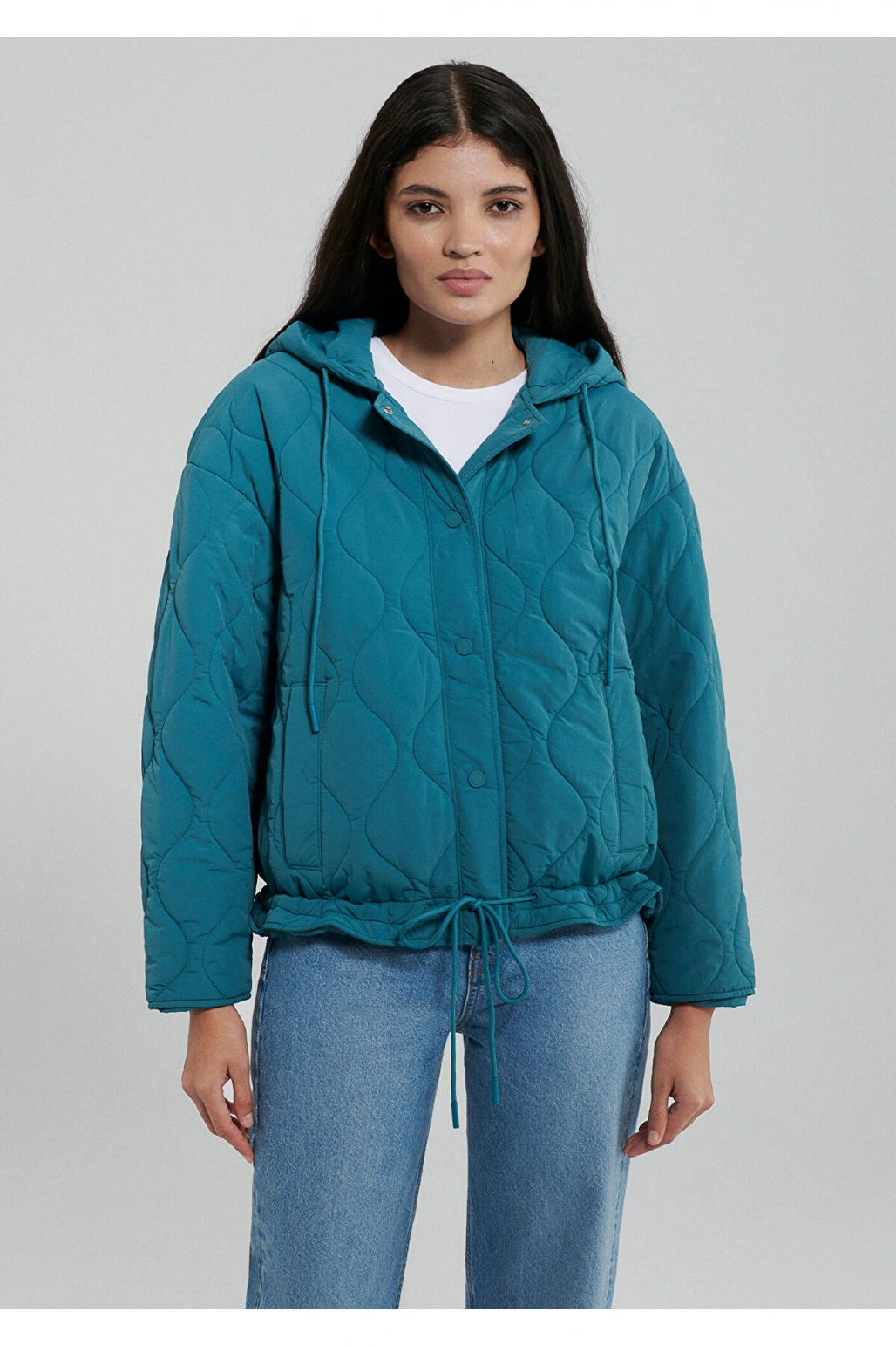 Mavi Kapitone Beli Bağcıklı Mavi Ceket Oversize / Geniş Kesim