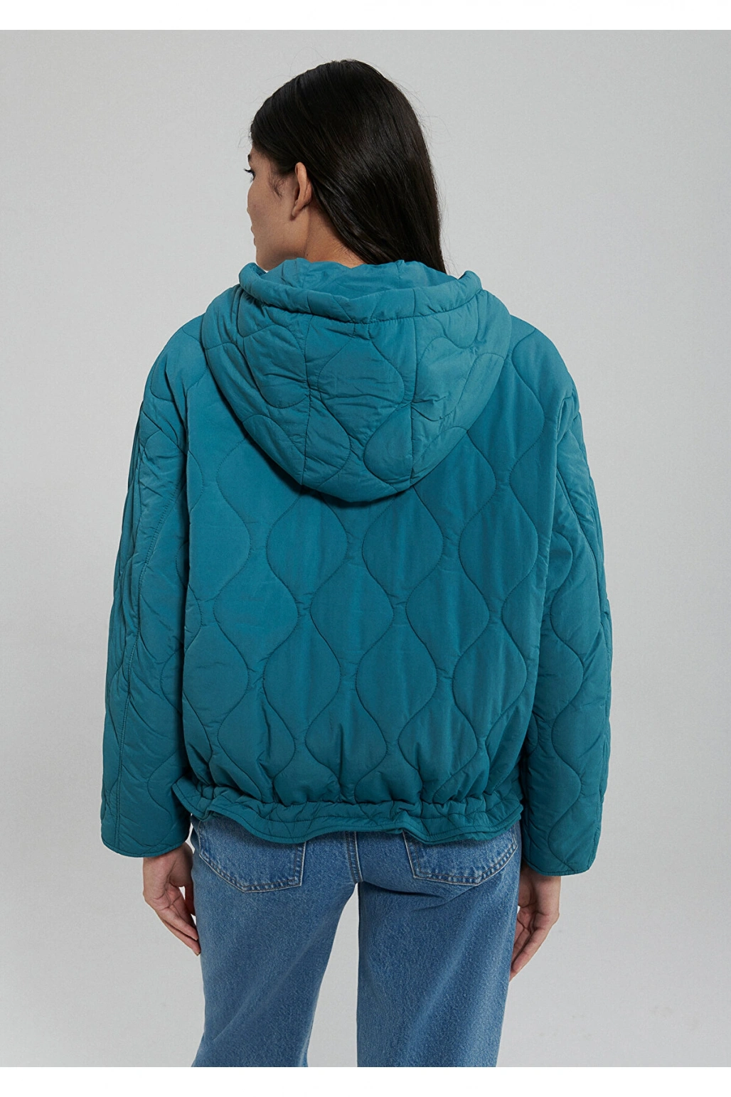 Mavi Kapitone Beli Bağcıklı Mavi Ceket Oversize / Geniş Kesim