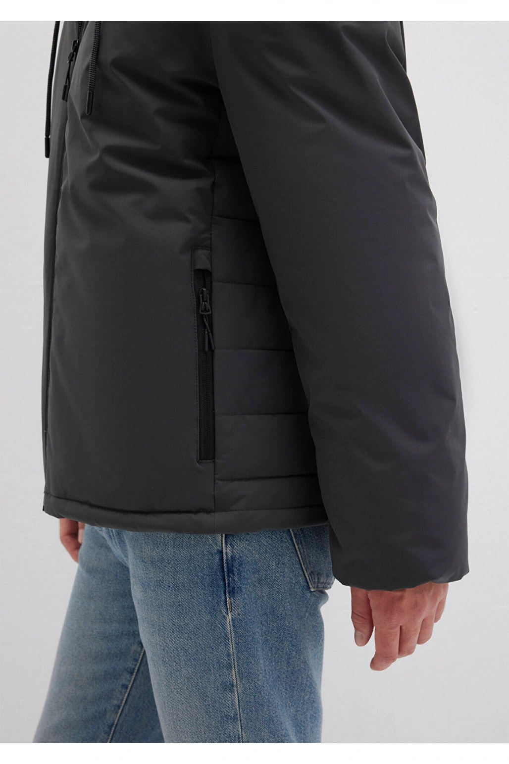 Mavi Kapüşonlu Antrasit Şişme Mont