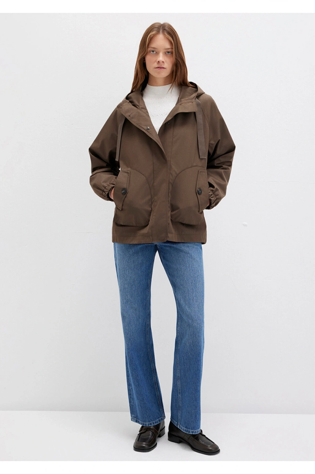 Mavi Kapüşonlu Kahverengi Ceket Loose Fit / Bol Rahat Kesim