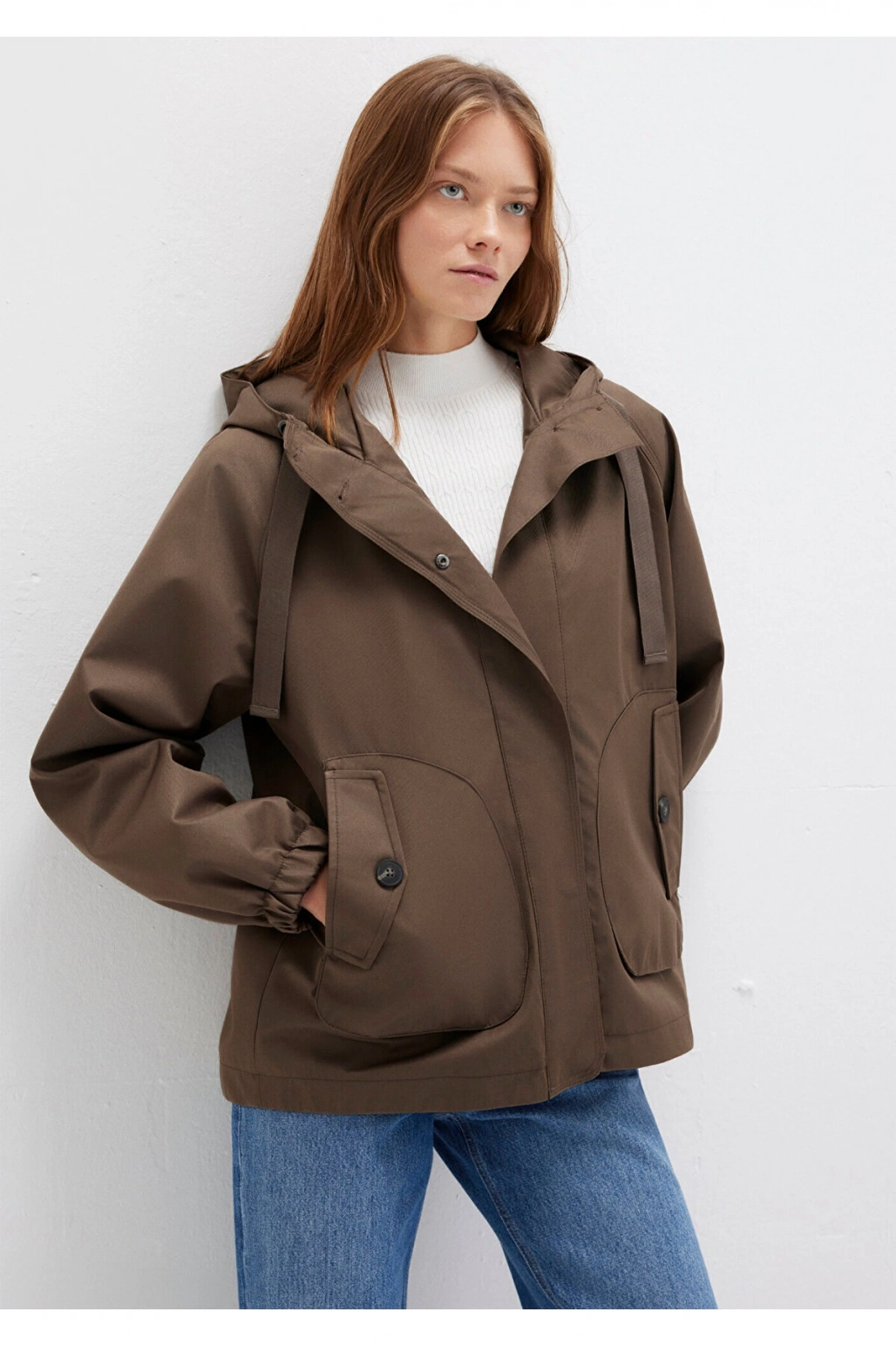 Mavi Kapüşonlu Kahverengi Ceket Loose Fit / Bol Rahat Kesim