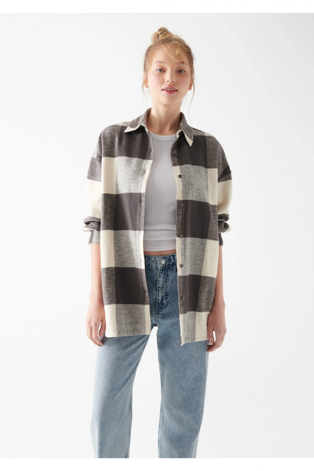 Mavi Kareli Gri Gömlek Oversize / Geniş Kesim