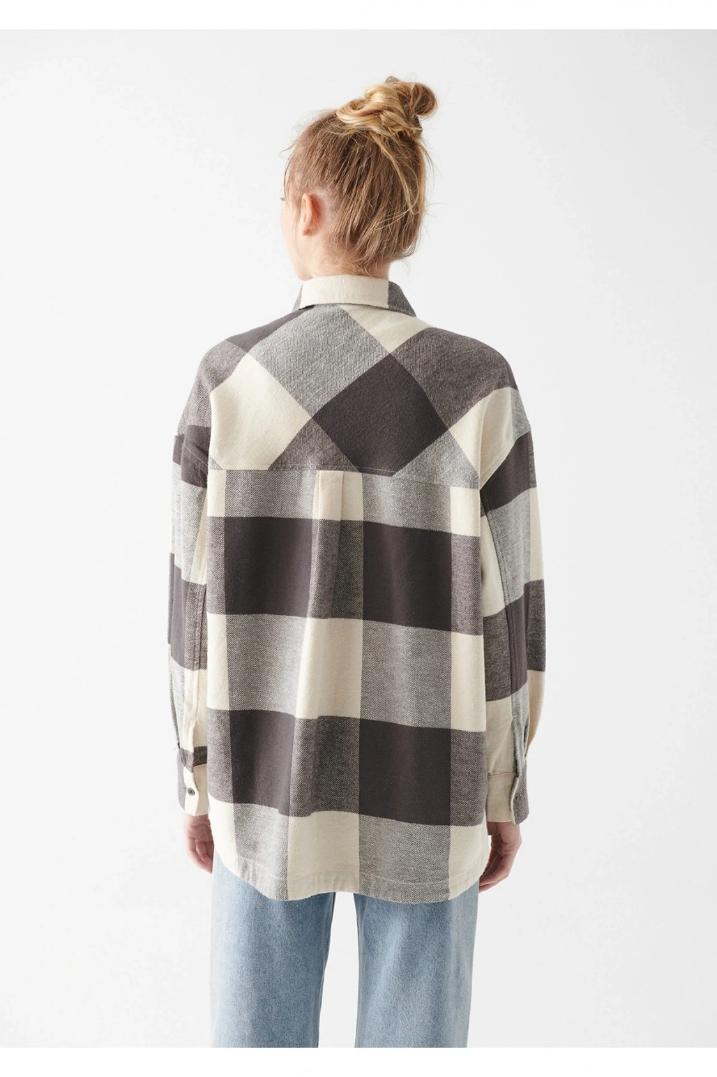 Mavi Kareli Gri Gömlek Oversize / Geniş Kesim