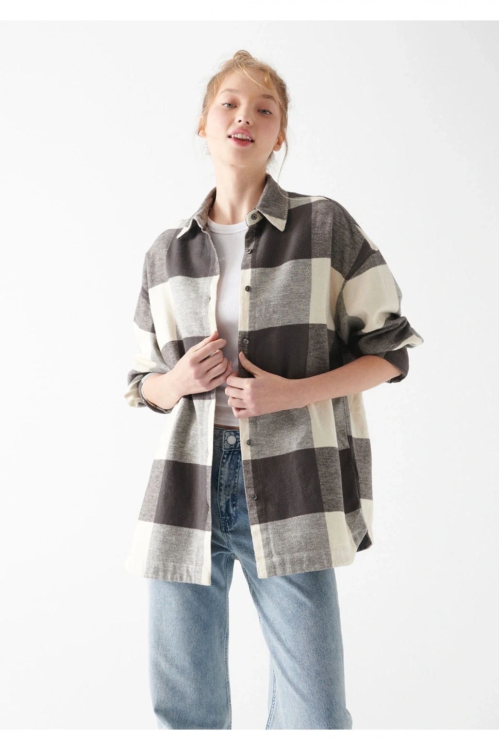 Mavi Kareli Gri Gömlek Oversize / Geniş Kesim