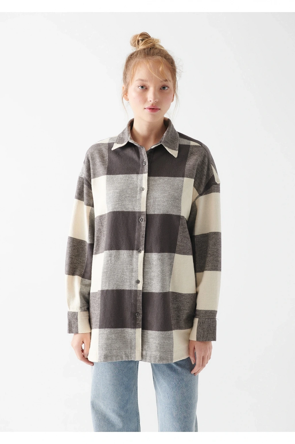 Mavi Kareli Gri Gömlek Oversize / Geniş Kesim