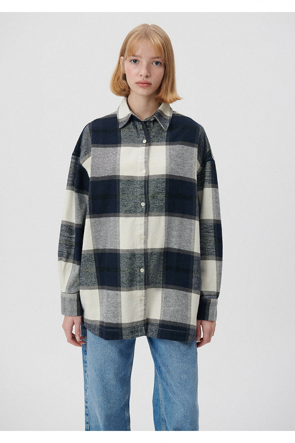 Mavi Kareli Lacivert Gömlek Oversize / Geniş Kesim