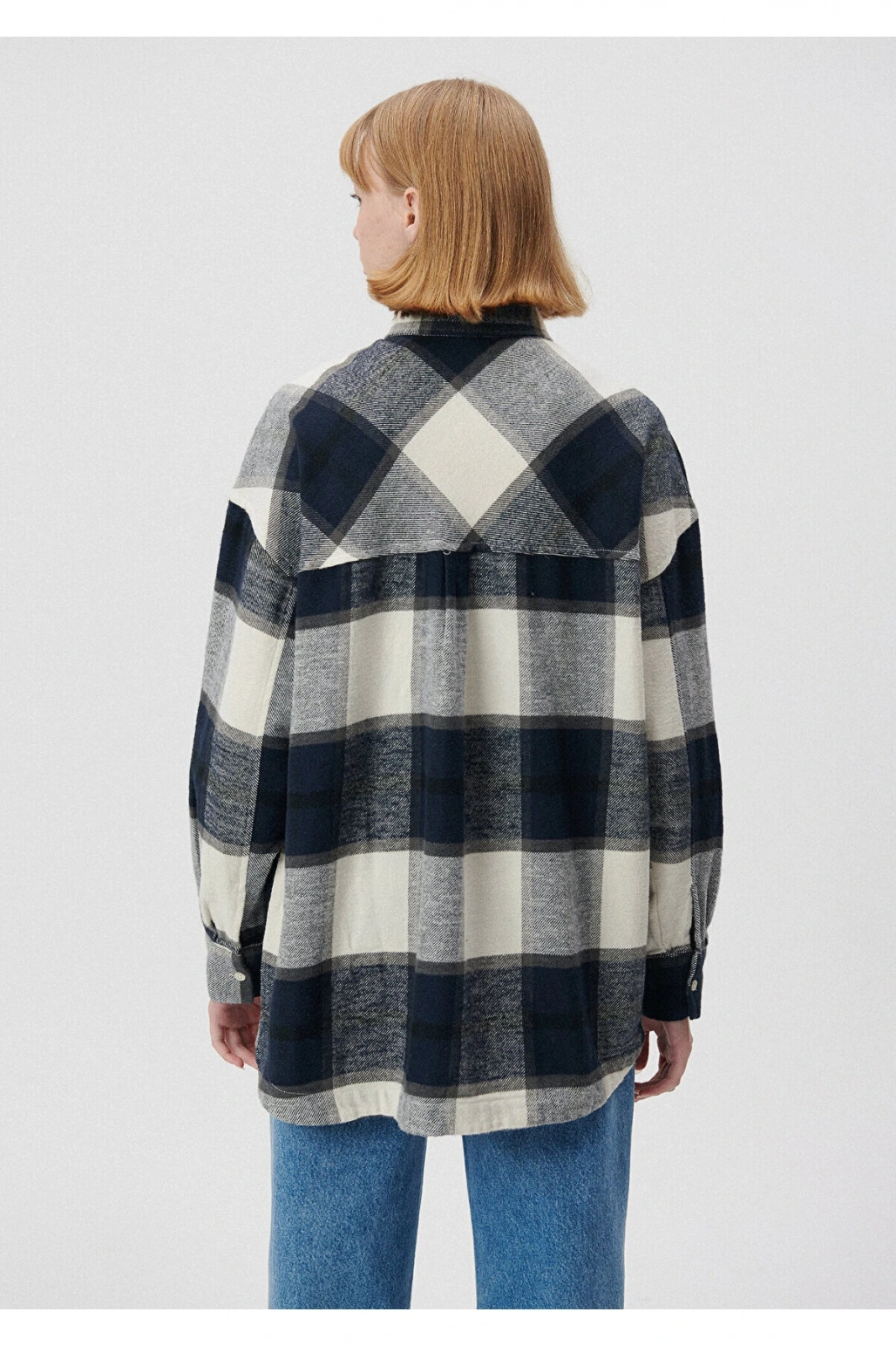 Mavi Kareli Lacivert Gömlek Oversize / Geniş Kesim