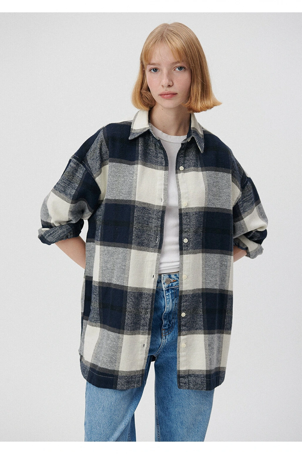 Mavi Kareli Lacivert Gömlek Oversize / Geniş Kesim