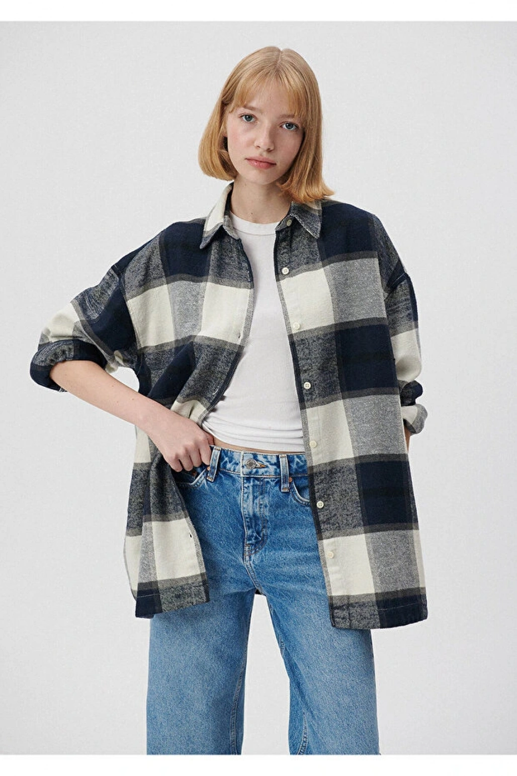 Mavi Kareli Lacivert Gömlek Oversize / Geniş Kesim