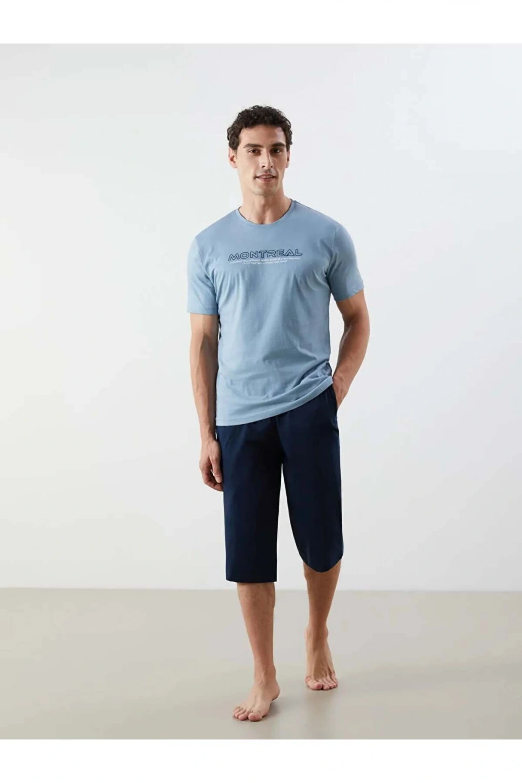 Mavi Standart Kalıp Pamuklu Kaprili Pijama Takımı