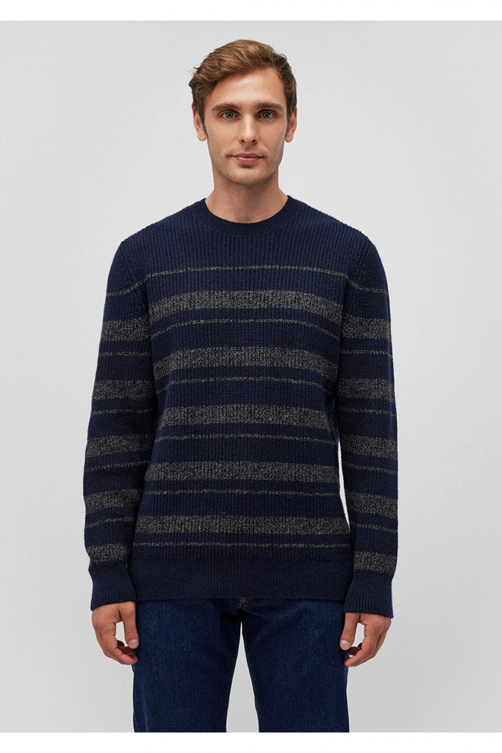 Mavi Yün Karışımlı Çizgili Lacivert Kazak Slim Fit / Dar Kesim