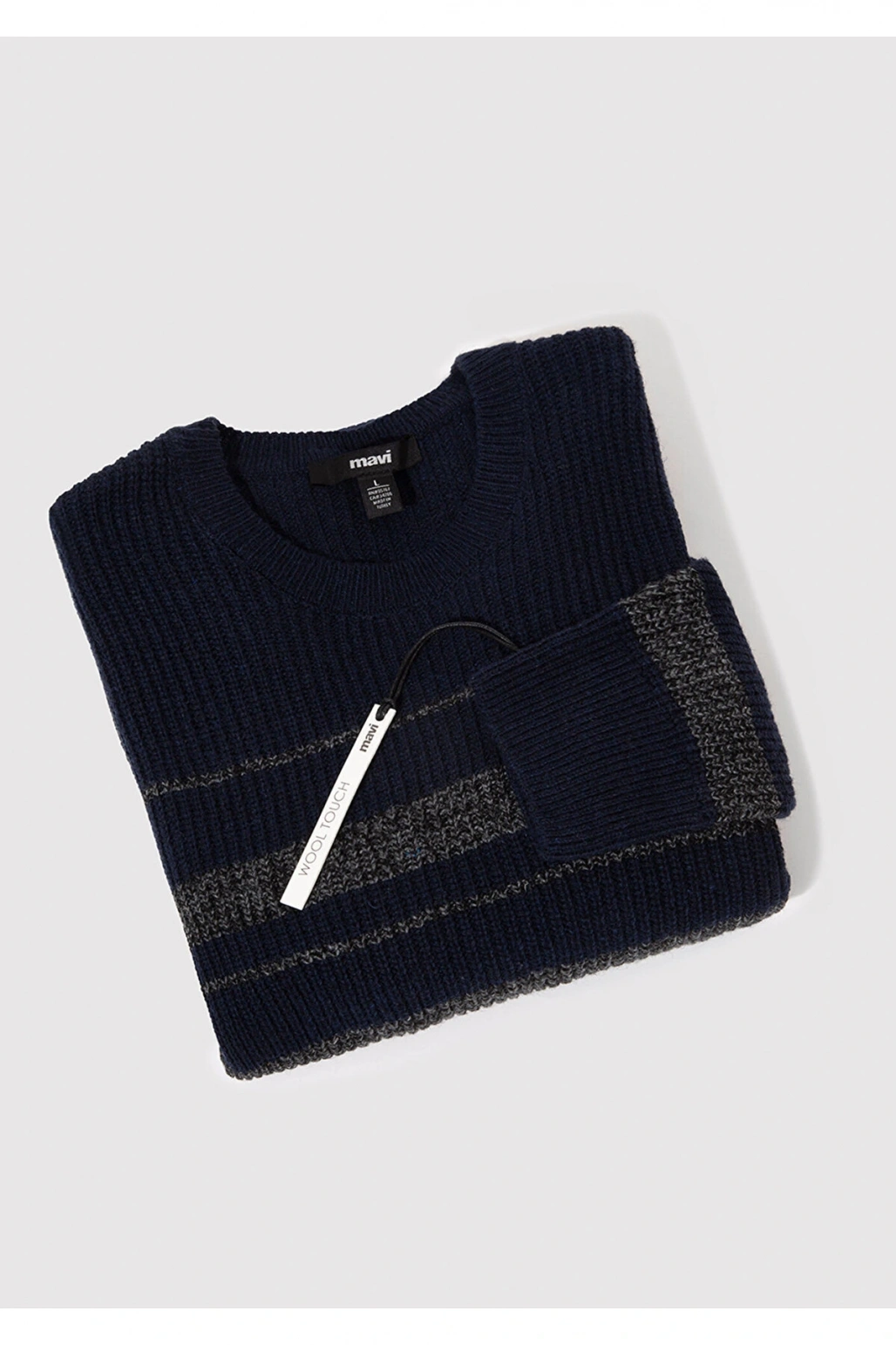 Mavi Yün Karışımlı Çizgili Lacivert Kazak Slim Fit / Dar Kesim