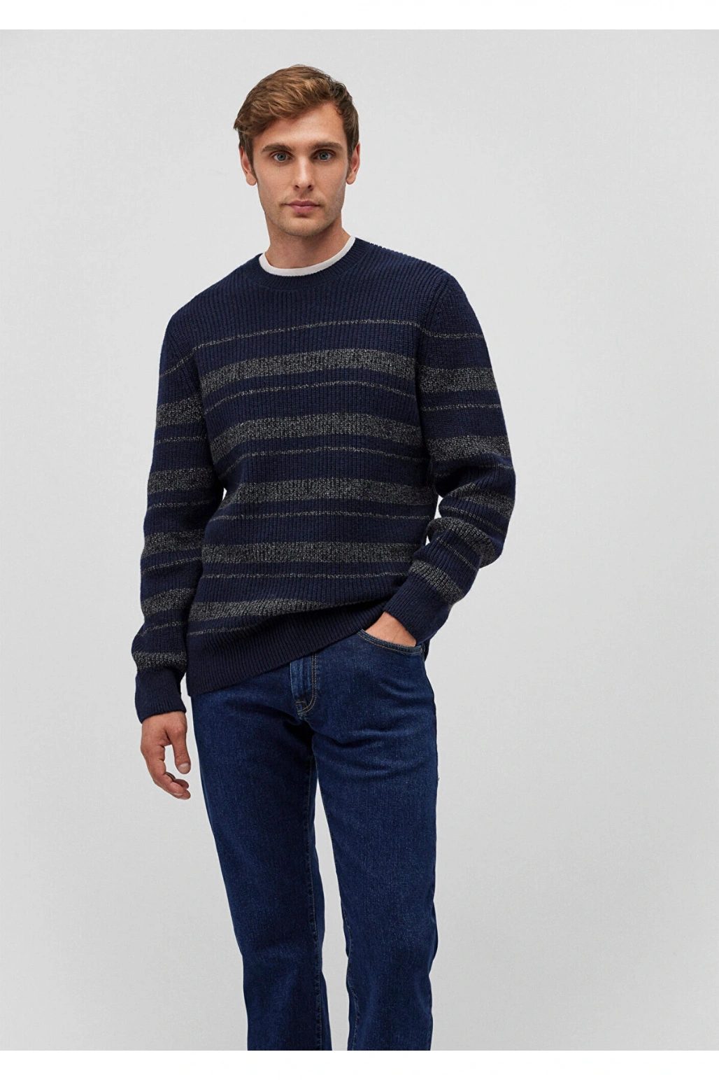 Mavi Yün Karışımlı Çizgili Lacivert Kazak Slim Fit / Dar Kesim