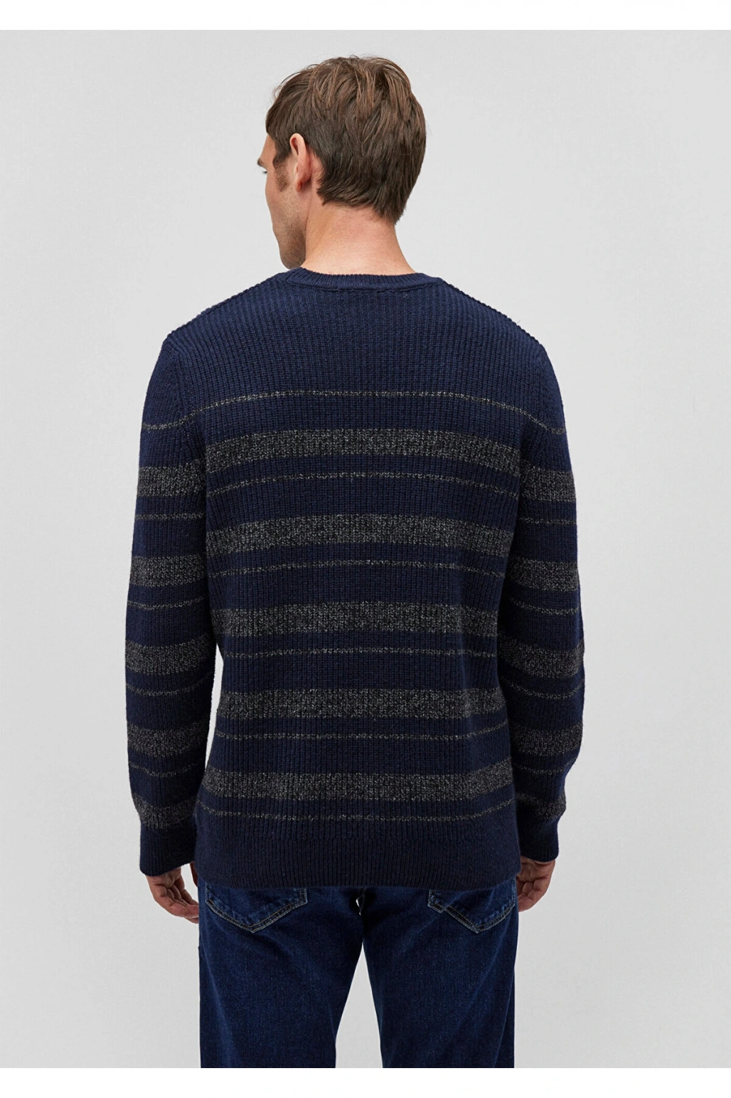 Mavi Yün Karışımlı Çizgili Lacivert Kazak Slim Fit / Dar Kesim