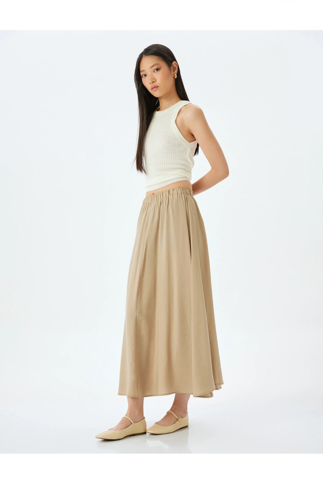 Modal Kumaş Beli Lastikli Uzun Kloş Etek