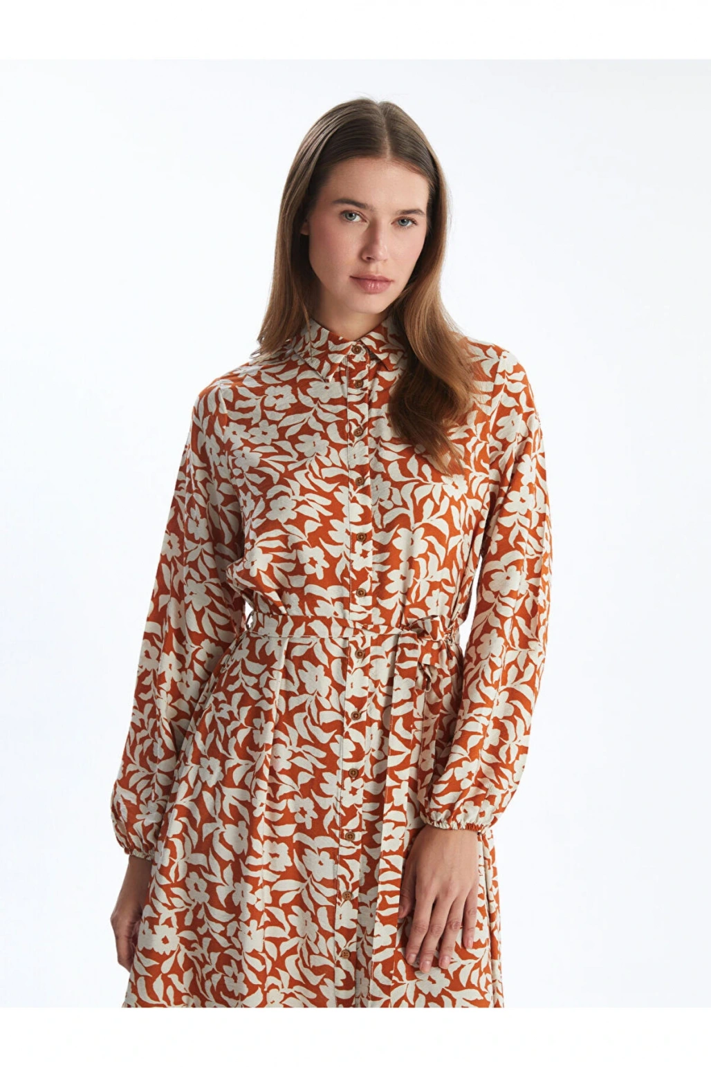 Modest Ekru Çiçekli Kadın Gömlek Elbise