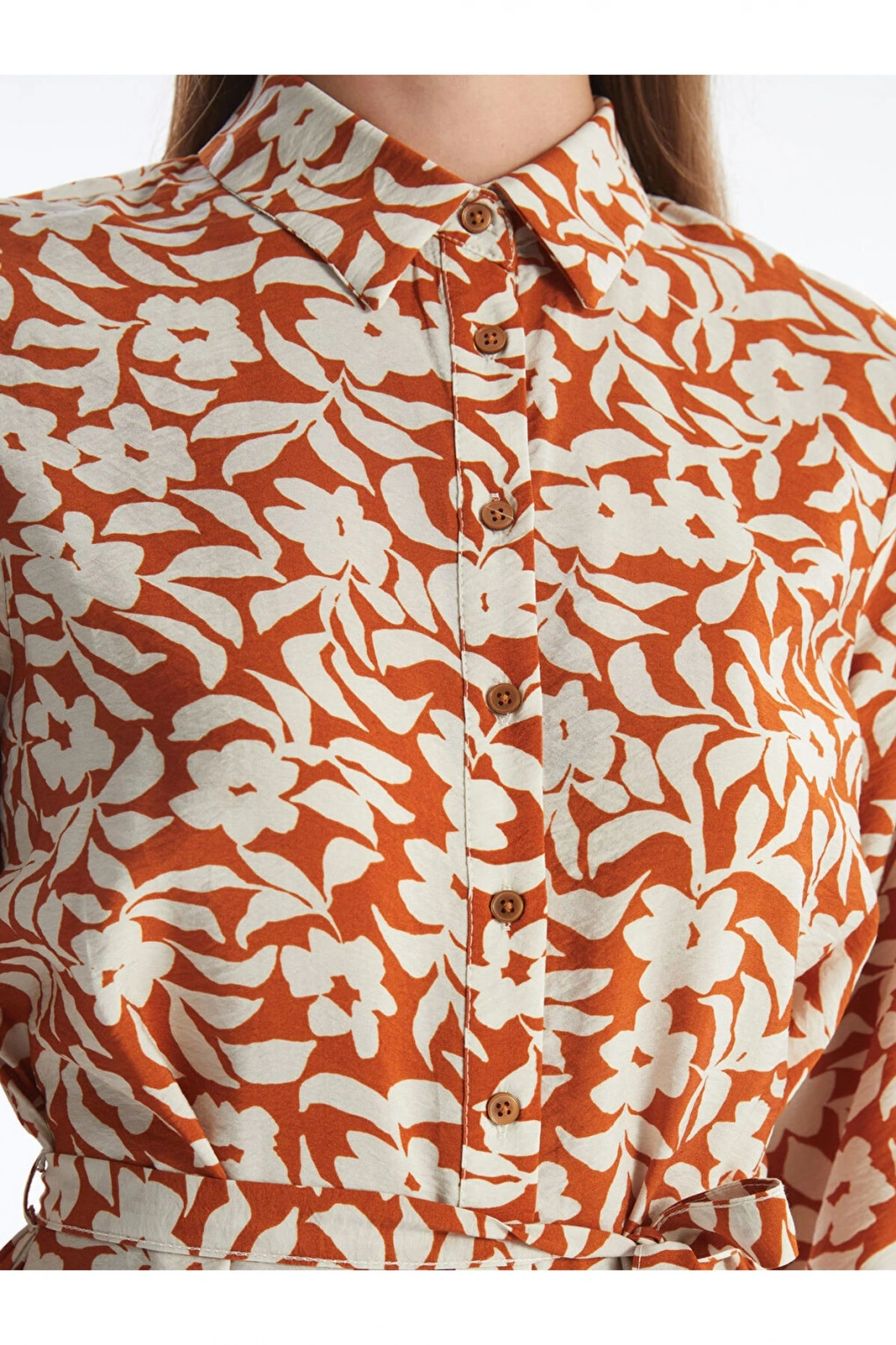 Modest Ekru Çiçekli Kadın Gömlek Elbise