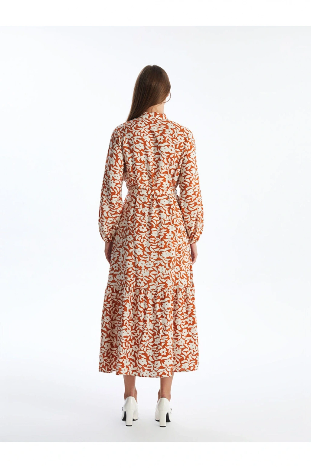 Modest Ekru Çiçekli Kadın Gömlek Elbise