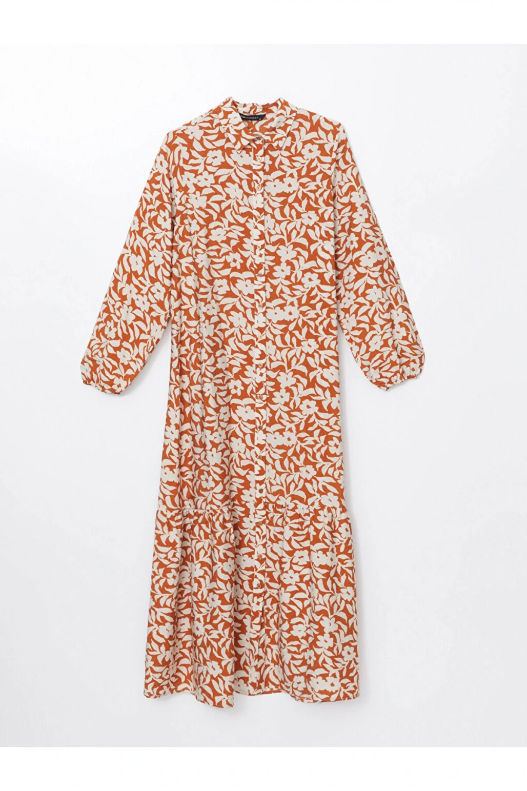 Modest Ekru Çiçekli Kadın Gömlek Elbise