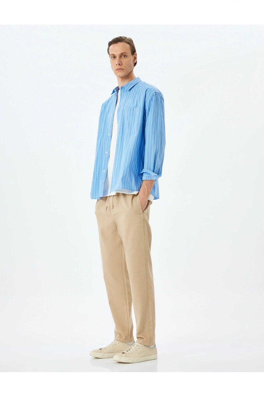 Normal Bel Straight Fit Pamuklu Beli Bağcıklı Pantolon